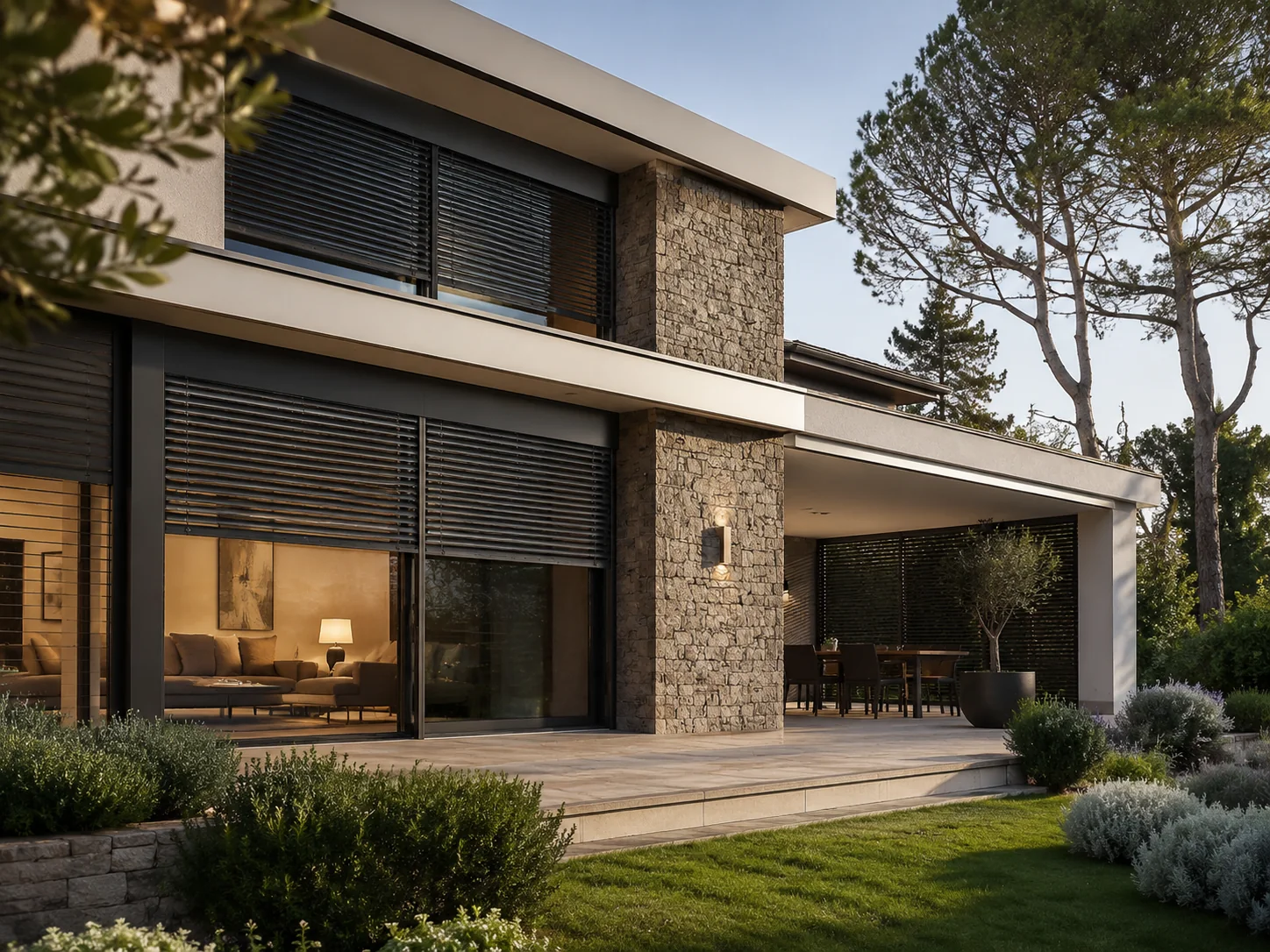 Maison moderne équipée de volets et protections solaires